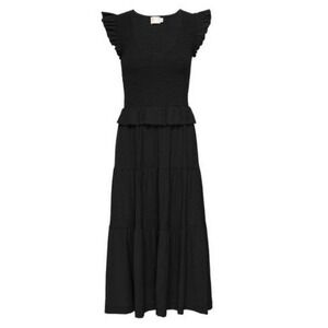 Nation LTD Lima Smocked Tiered Midi Dress Womens XS Black Pima Cotton Ruffle‎